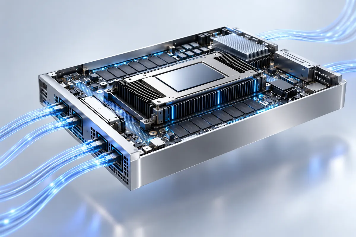 Detailed GPU compute module with silver cooling fins and blue signal paths