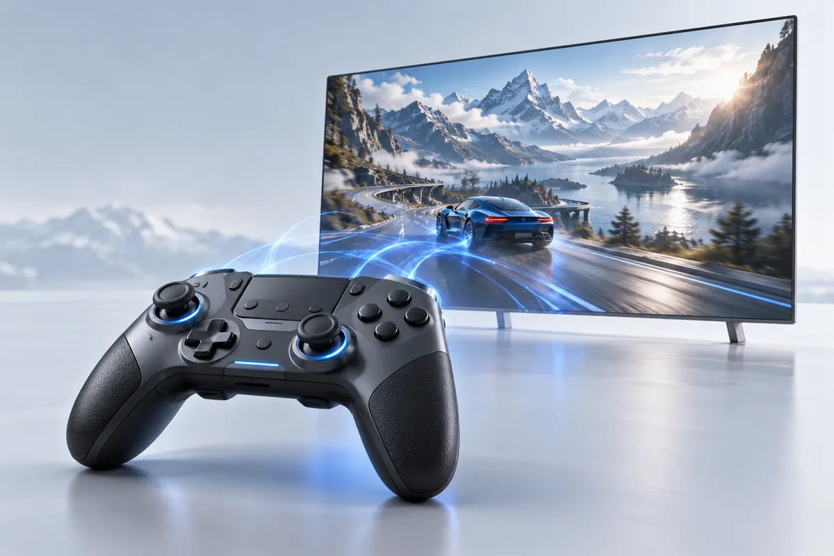 Game controller connected to a screen showing an original mountain racing scene