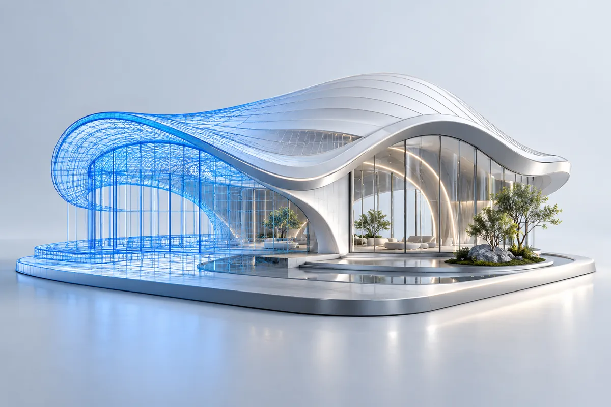 Architectural pavilion transitioning from a blue wireframe into a finished material render