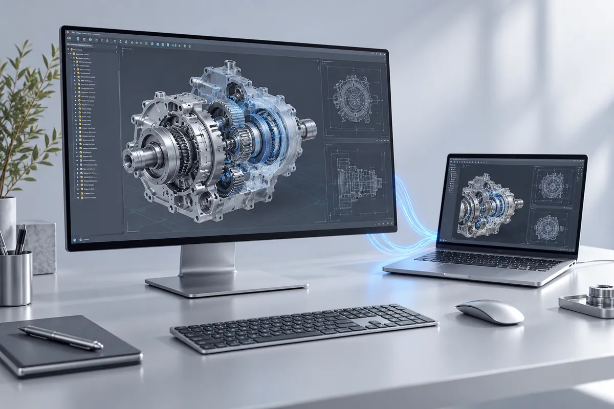 Desktop and laptop displaying a detailed CAD assembly in a connected remote workspace